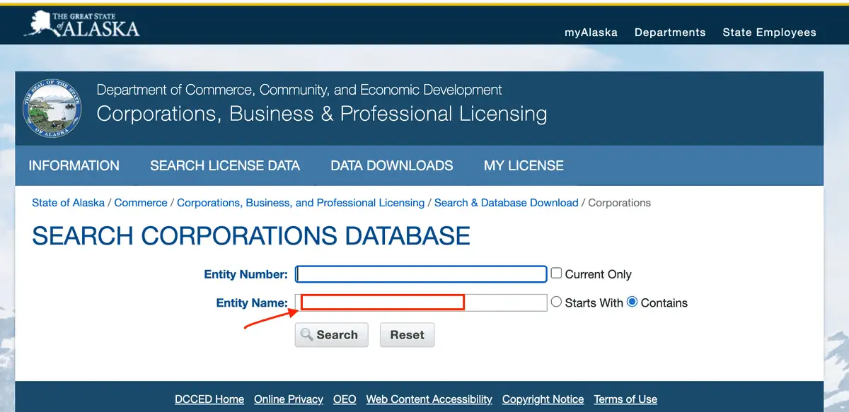 Alaska SEARCH CORPORATIONS DATABASE ekranı: Entity Number ve Entity Name alanları, Current Only kutusu, Starts With ve Contains seçenekleri, Search ve Reset düğmeleri.