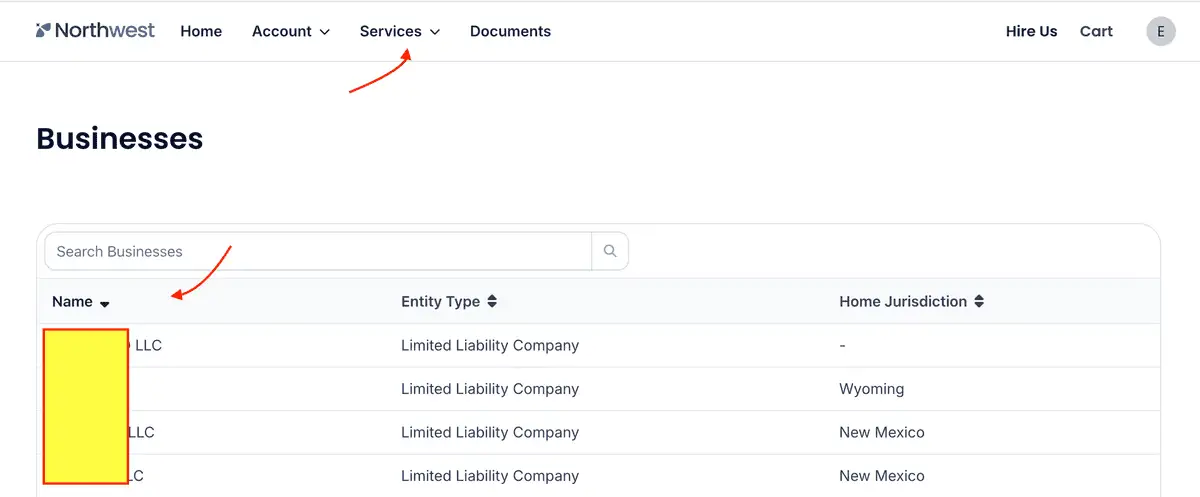 Northwest hesabındaki Businesses listesi: Name, Entity Type ve Home Jurisdiction sütunları, Limited Liability Company satırları ve Wyoming ile New Mexico eyaletleri; şirket isimleri kapatılmış.