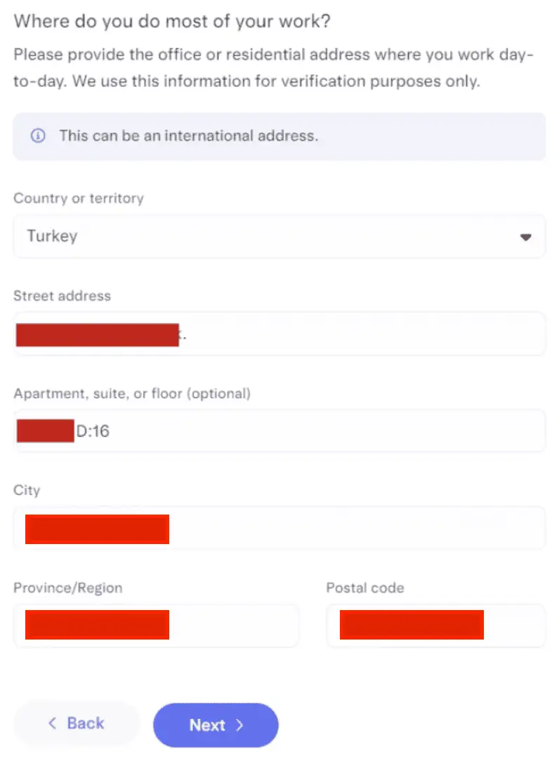 Mercury başvuru akışının adres adımı: Where do you do most of your work sorusu, This can be an international address bilgi kutusu, Country or territory alanında Turkey ve Street address, Apartment, City, Province/Region, Postal code alanları; adres değerleri kapatılmış.