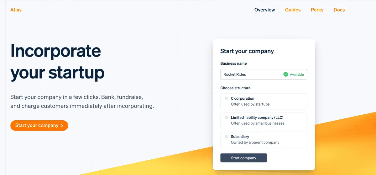 Stripe Atlas başlangıç ekranı: Start your company kartında Business name alanı ve Choose structure başlığı altında C corporation, Limited liability company (LLC) ve Subsidiary seçenekleri.