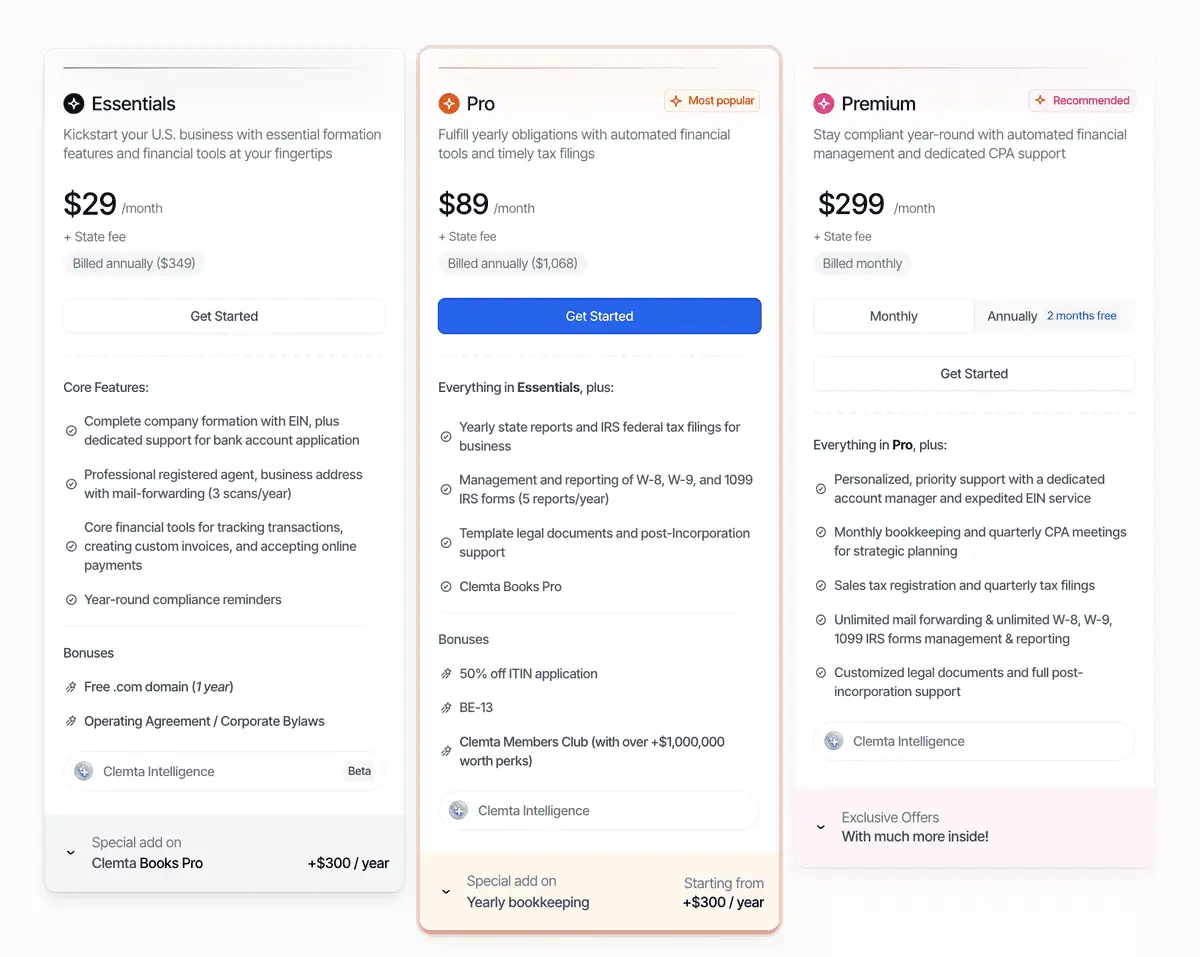 Clemta fiyat kartları: Essentials $29/month Billed annually ($349), Pro $89/month Billed annually, Premium $299/month Billed monthly; üçünde de fiyatın altında + State fee ibaresi.