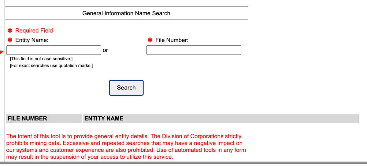 Delaware General Information Name Search ekranı: Entity Name ve File Number alanları, aralarında or bağlacı, Search düğmesi, FILE NUMBER ve ENTITY NAME sütun başlıkları ve veri madenciliğini yasaklayan kırmızı uyarı.