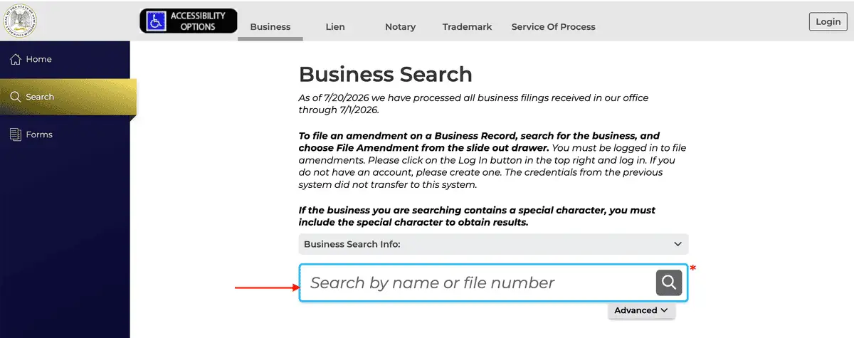 New Mexico Secretary of State Business Search ekranı: sol menüde Home, Search ve Forms sekmeleri, Search by name or file number yazan arama kutusu, Advanced bağlantısı ve dosya işleme tarihini bildiren not.