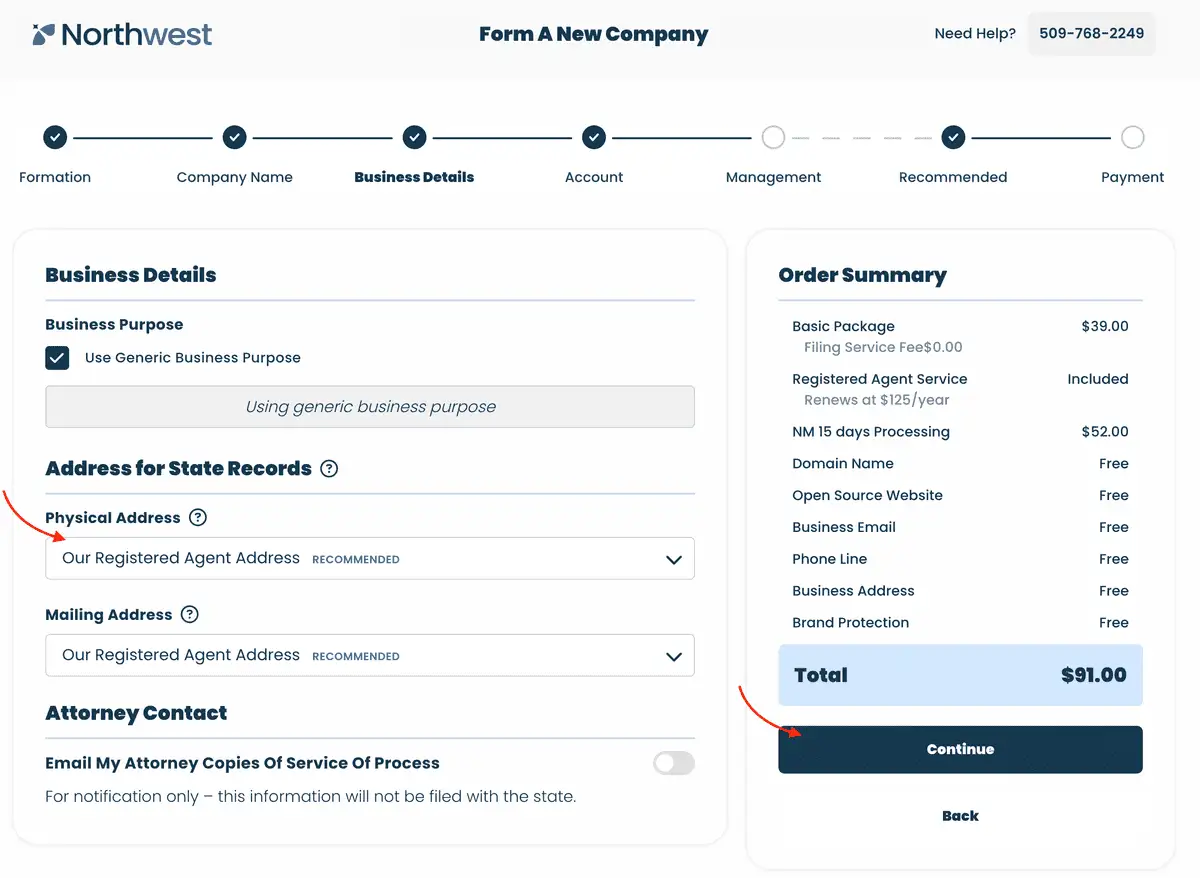 Northwest sipariş akışının Business Details adımı: Address for State Records altında Physical Address ve Mailing Address alanlarında RECOMMENDED etiketli Our Registered Agent Address seçeneği, sağda NM 15 days Processing $52.00 ve Total $91.00 satırlarını içeren Order Summary kutusu.