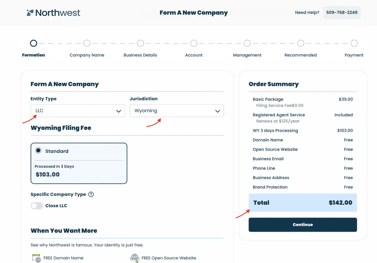 Northwest sipariş akışının Formation adımı: Entity Type LLC, Jurisdiction Wyoming, Wyoming Filing Fee $103.00 ve sağda toplamı $142.00 gösteren Order Summary kutusu.