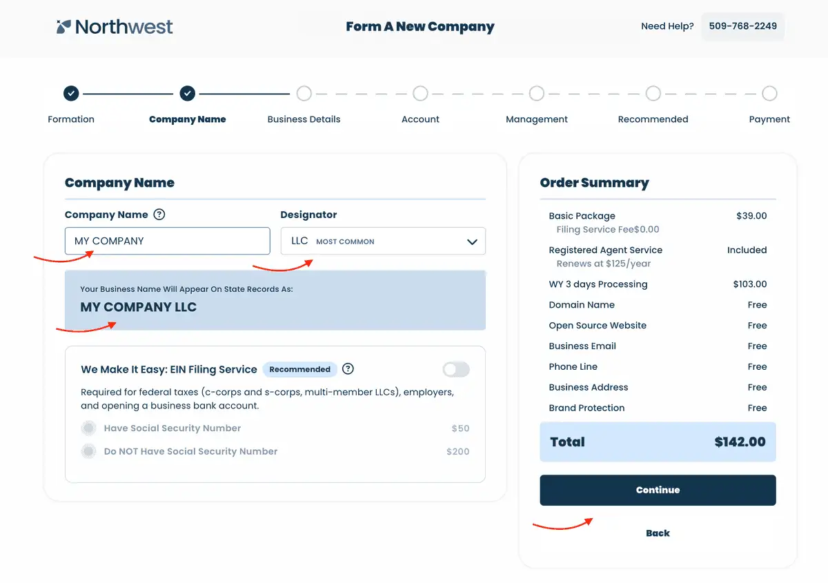 Company Name adımı: şirket ismi, LLC uzantısı, ismin eyalet kaydındaki görünümü ve $50 ile $200 fiyatlı EIN Filing Service kutusu.