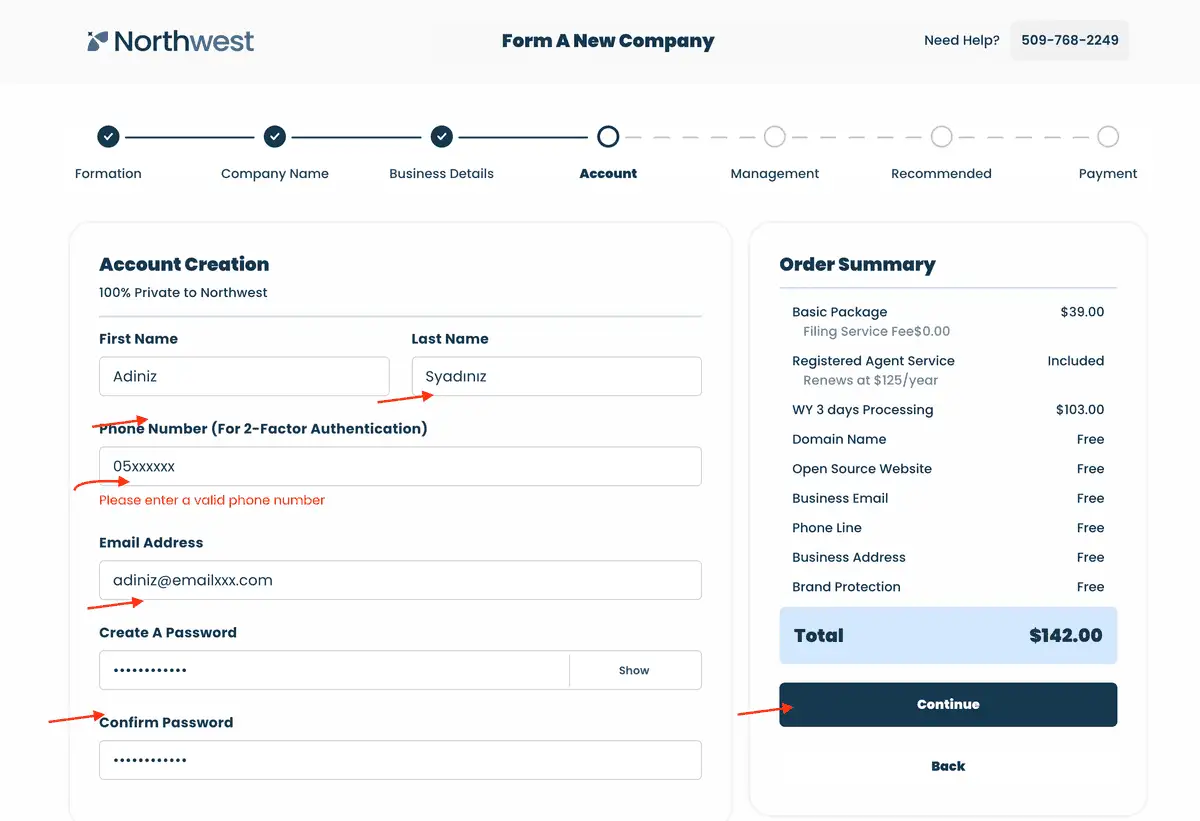 Account Creation adımı: ad, soyad, iki adımlı doğrulama telefonu, e-posta ve parola alanları; telefon alanının altında Please enter a valid phone number uyarısı.