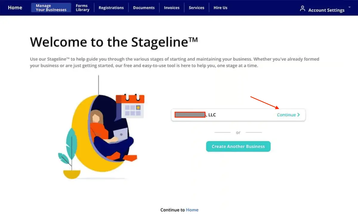 Sipariş sonrası Stageline karşılama ekranı: şirket satırı ve Continue bağlantısı, altında Create Another Business düğmesi; şirket adı kapatılmış.