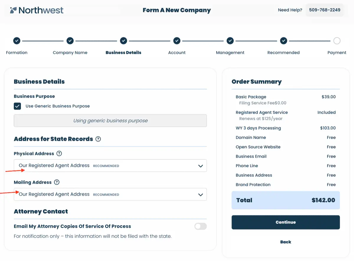 Northwest sipariş akışının Business Details adımı: Address for State Records altında Physical Address ve Mailing Address alanlarında RECOMMENDED etiketli Our Registered Agent Address seçeneği, sağda WY 3 days Processing $103.00 ve Total $142.00 satırlarını içeren Order Summary kutusu.